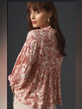 Anthropologie Pink and Cream Floral Peasant Blouse